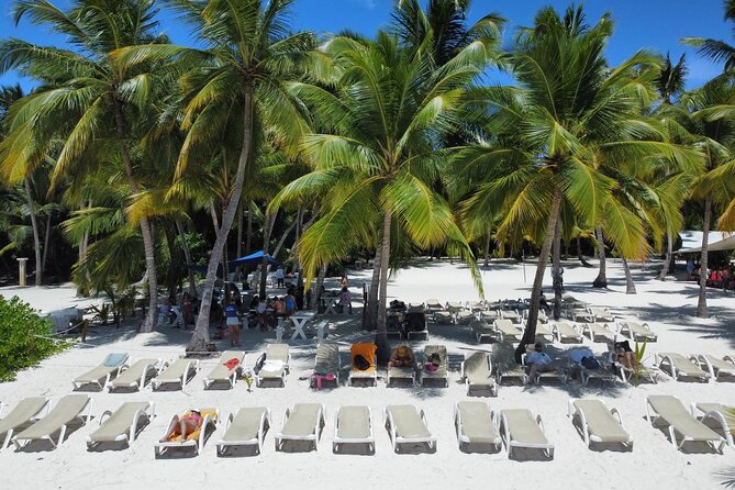 Saona by Speedboat: Private Beach & Snorkeling – Small Group - A beach day with chairs, canopy beds, and an open bar